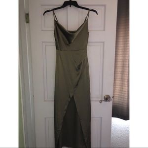 Satin olive dress from Nasty Gal